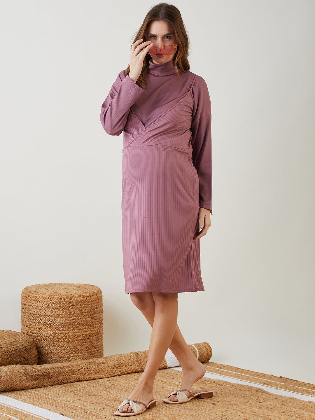 Women Onion Pink Polyester Rib Short Pregnancy Winter Dress