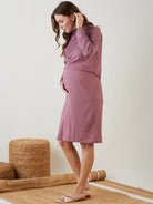 Women Onion Pink Polyester Rib Pregnancy Midi Dress with Turtle Neck Top
