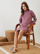 Women Onion Pink Polyester Rib Fancy Knee Length Maternity Dress