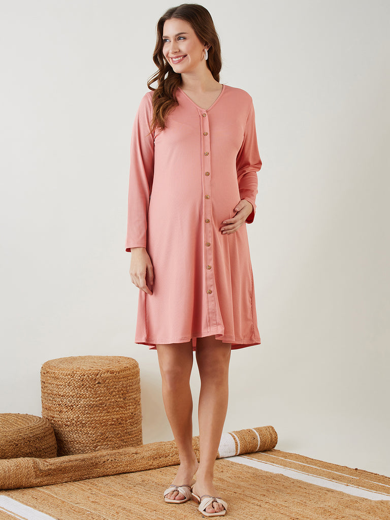 Peach Button Down Knee Length Maternity Dress, "V" Neck with Functional Button For feeding