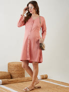 Women Peach Rib V Neck Polyester Rib Short Maternity Shirt Dress