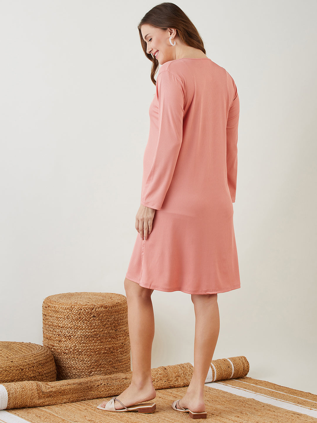 Peach Rib V Neck Polyester Rib Short Nursing Shirt Dress