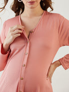 Peach Rib V Neck Polyester Rib Maternity Short Dress For Women