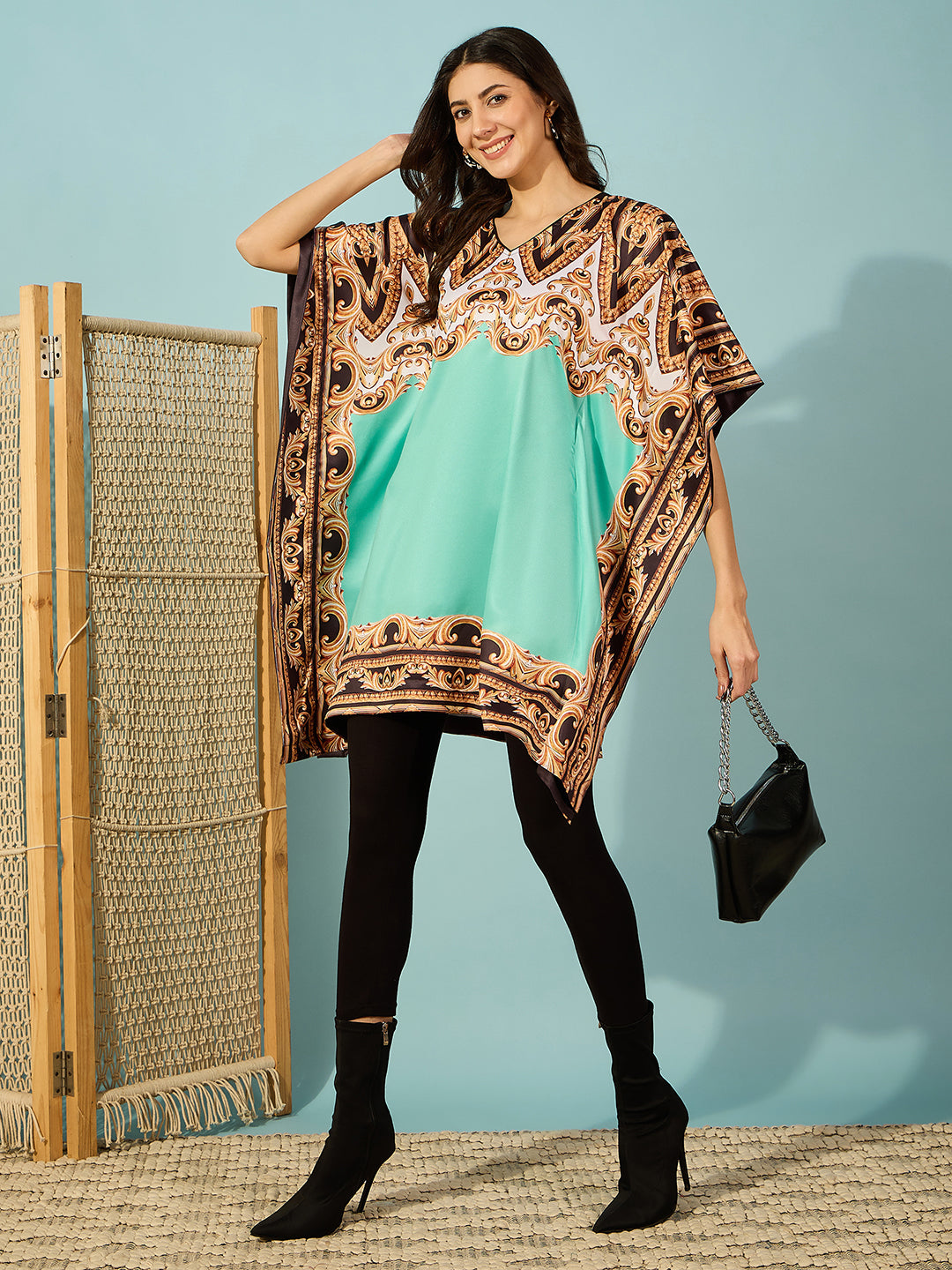 Light green satin kaftan dress featuring a beautiful baroque print and slim fit, perfect for any occasion.
