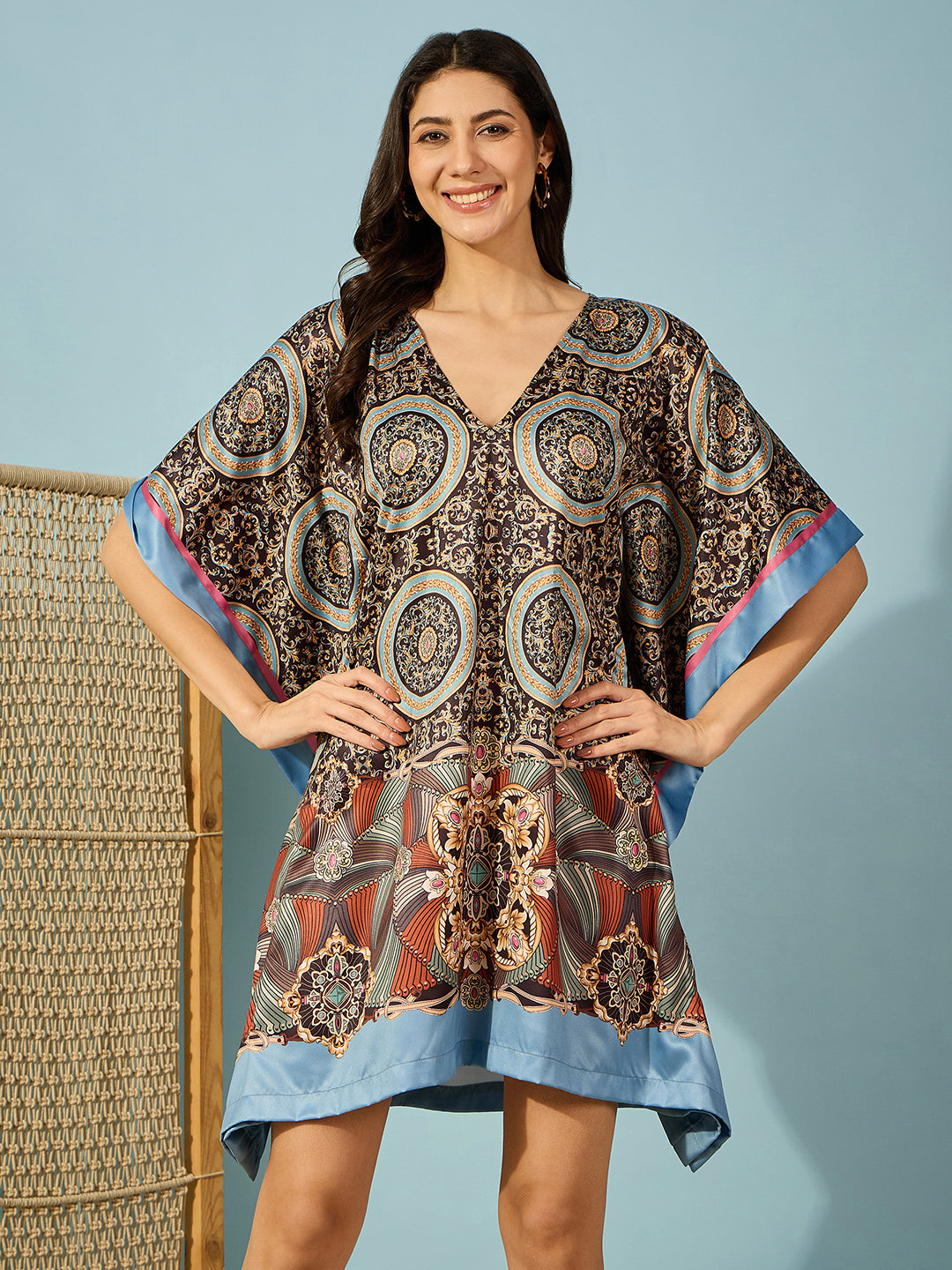 Elegant black satin kaftan dress with intricate baroque print â‚¬€œ perfect for evening wear.
