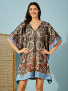 Elegant black satin kaftan dress with intricate baroque print â‚¬€œ perfect for evening wear.
