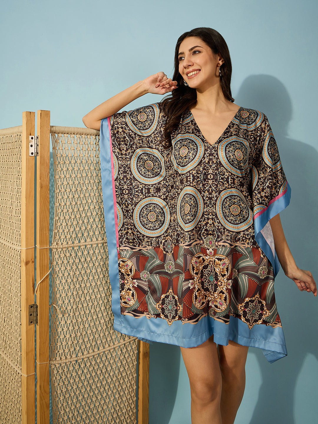 Luxurious satin fabric and ornamental baroque design for a refined, sophisticated look â‚¬€œ womenâ‚¬„¢s kaftan dress.
