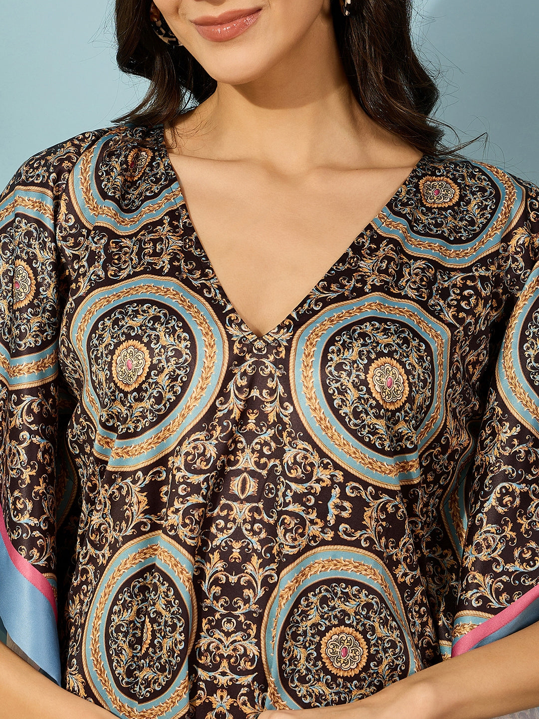 Beautiful satin fabric kaftan dress with ornamental baroque detailing â‚¬€œ stylish and comfortable for all occasions.
