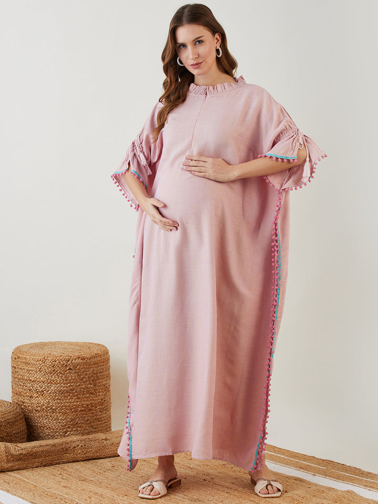 Pink Serene Linen Maternity Kaftan with Center Zipper Feeding Option and Lace edging with a tie up on the Arm