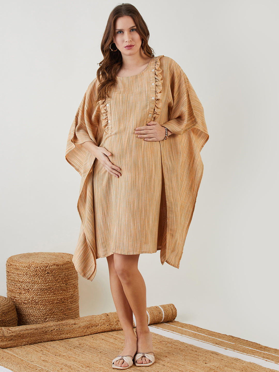 Women Cotton Stylish Round Neck Viscose Linen Maternity Midi Kaftan â€“ The Kaftan Company