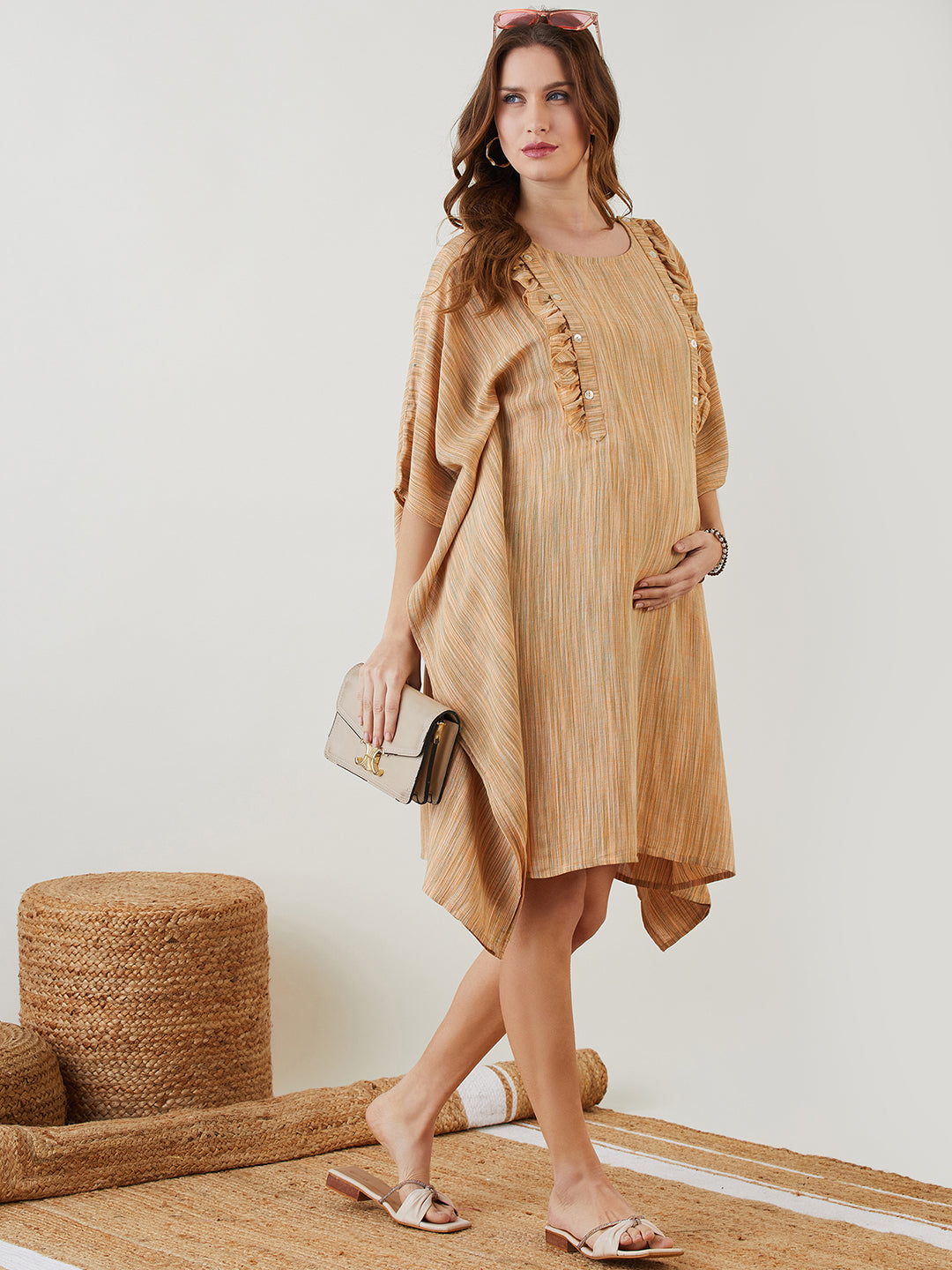 Women Cotton Stylish Round Neck Viscose Linen Short Kaftan Dress
