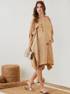 Women Cotton Stylish Round Neck Viscose Linen Short Kaftan Dress
