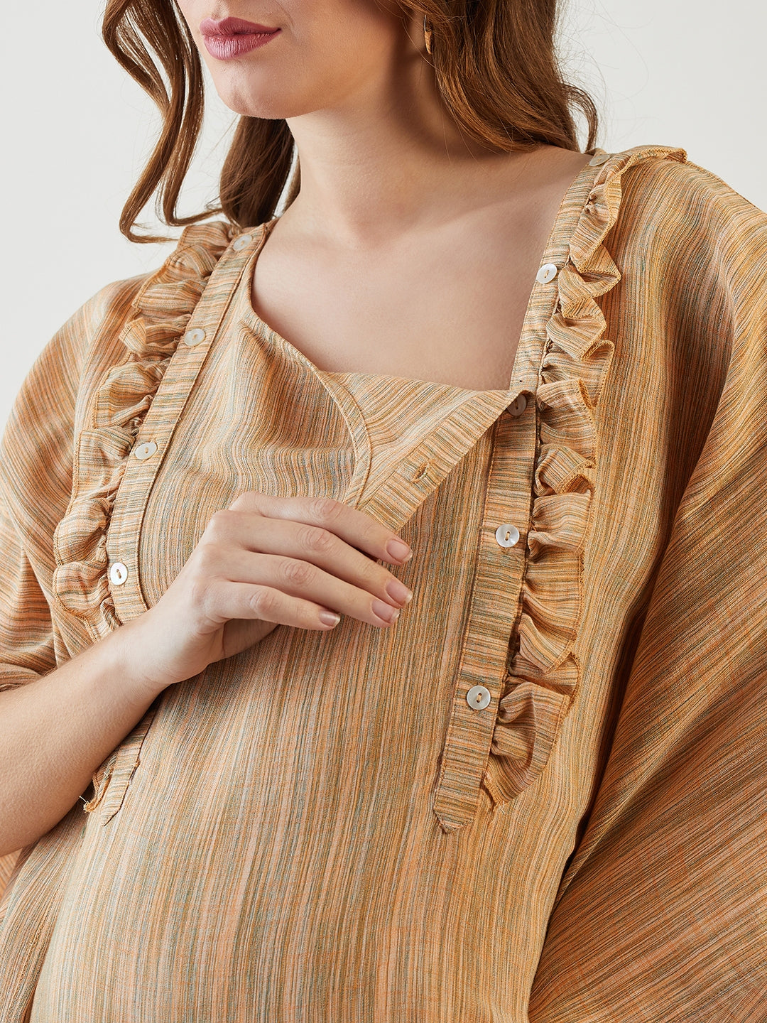 Women Cotton Western Round Neck Knee Length Maternity & Feeding Kaftan Dress