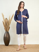 Buy Women Navy Blue Supersoft V Neck Maternity Shirt Dress | The Kaftan Company