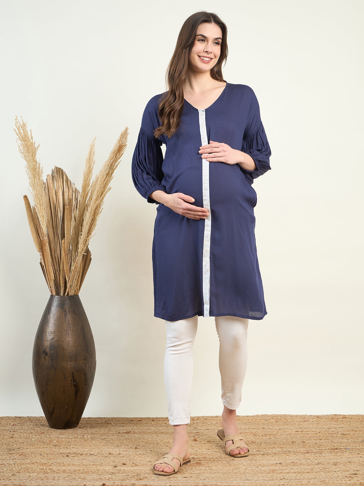 Buy Women Navy Blue Supersoft V Neck Maternity Shirt Dress | The Kaftan Company