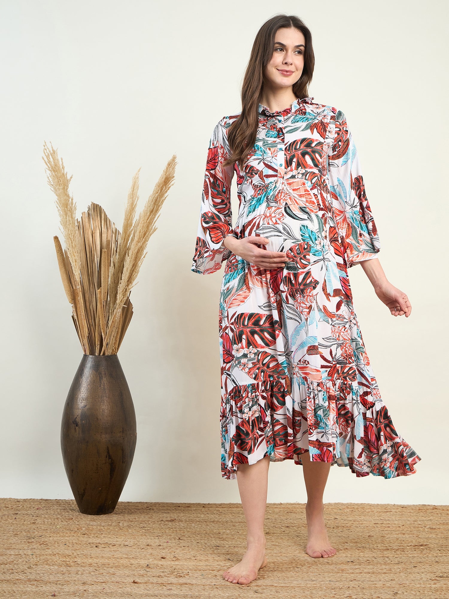 Women White Tropical Printed Floral Maternity Dress | The Kaftan Company