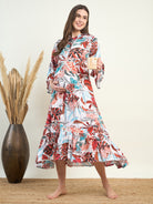 Women's white tropical printed floral maternity dress with ruffled neckline and hem