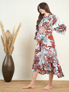 Maternity dress featuring a comfortable gathered waist and functional nursing placket