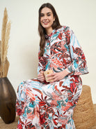 Comfortable and versatile white maternity dress with tropical print