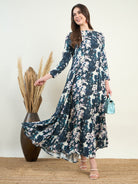 Women's Blue and White Boat Neck Viscose Floral Maxi Dress