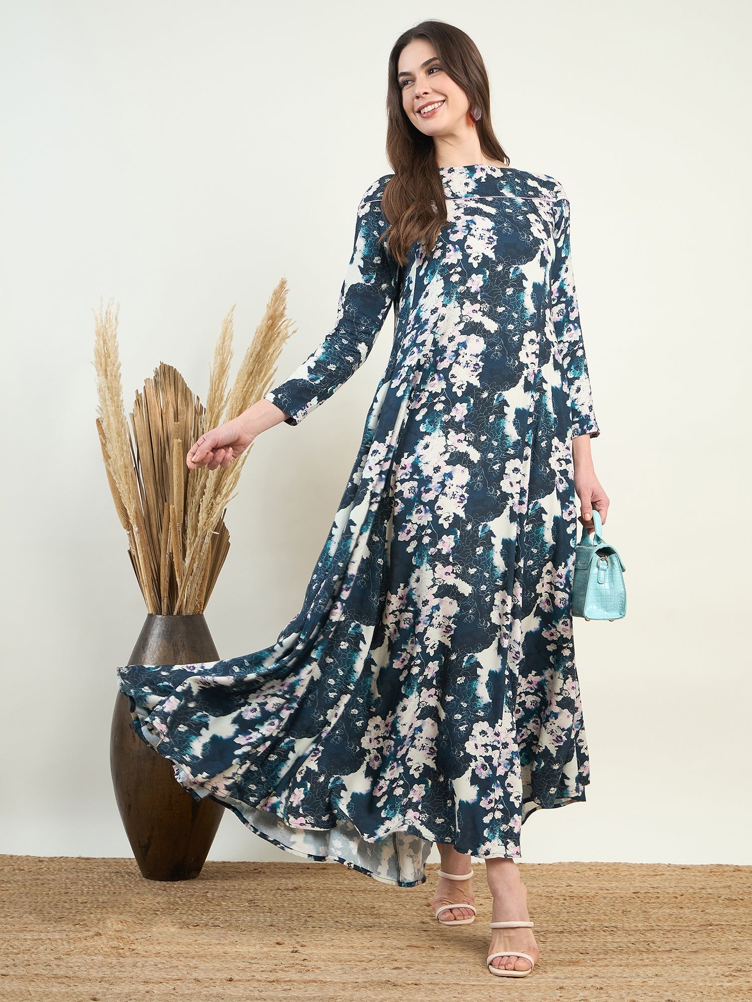 Women's Blue and White Boat Neck Viscose Floral Maxi Dress