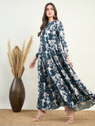 Women's Blue and White Boat Neck Viscose Full Sleeves Floral Long Dress