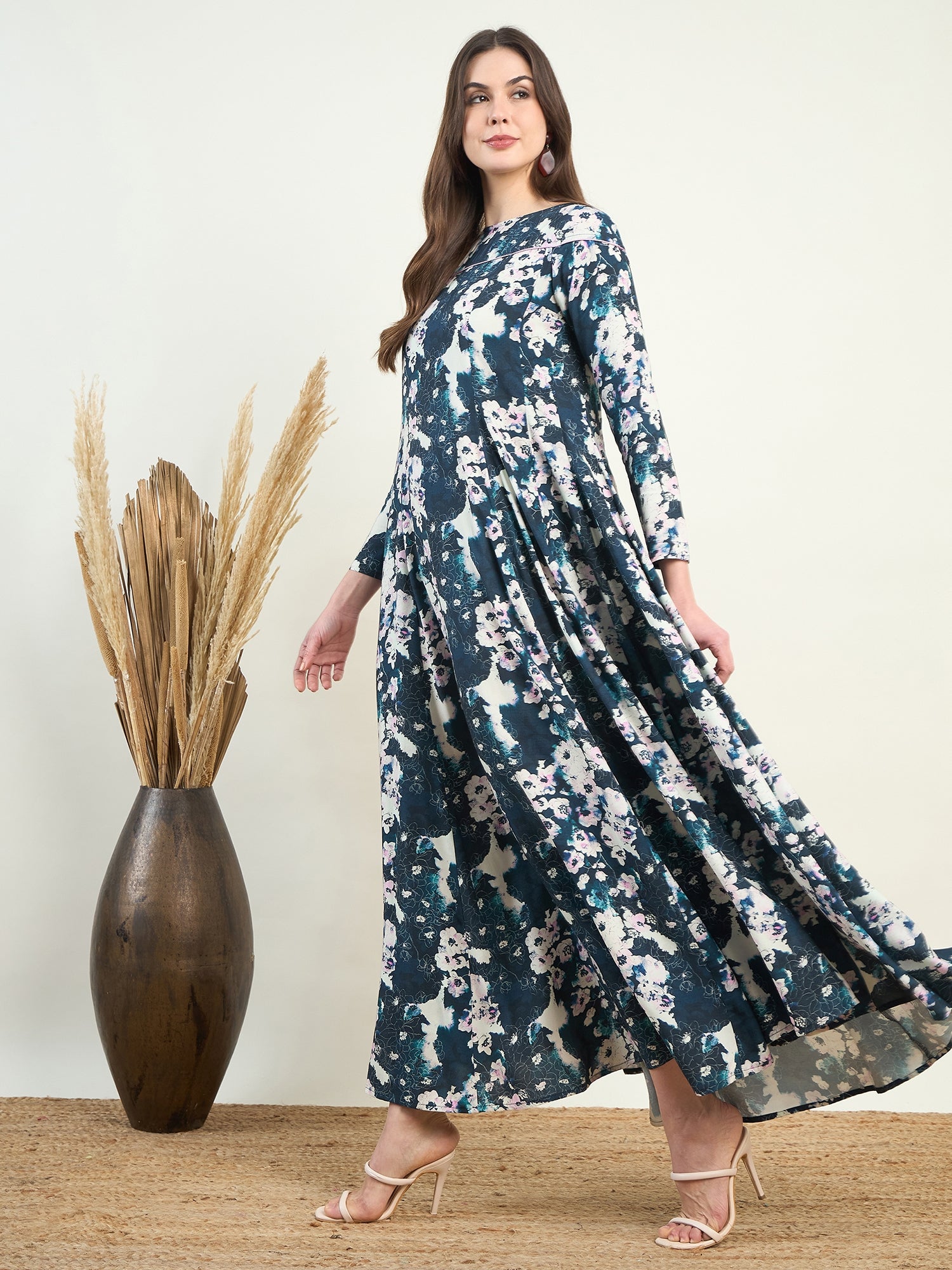 Women's Blue and White Boat Neck Viscose Full Sleeves Floral Long Dress