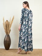 Women's Blue and White Floral Printed Boat Neck Stylish Maxi Dress