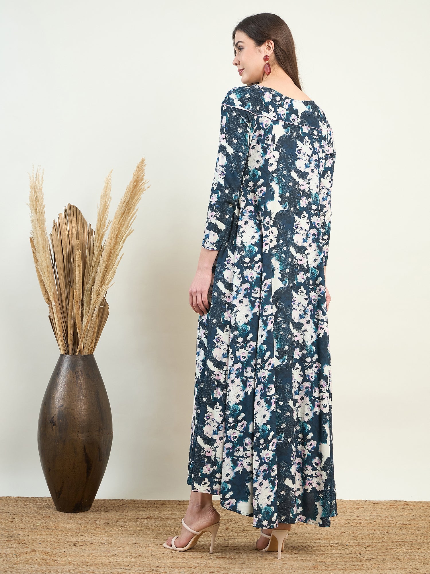 Women's Blue and White Floral Printed Boat Neck Stylish Maxi Dress