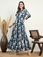 Women's Blue and White Full Sleeves Floral Printed Boat Neck Maxi Dress