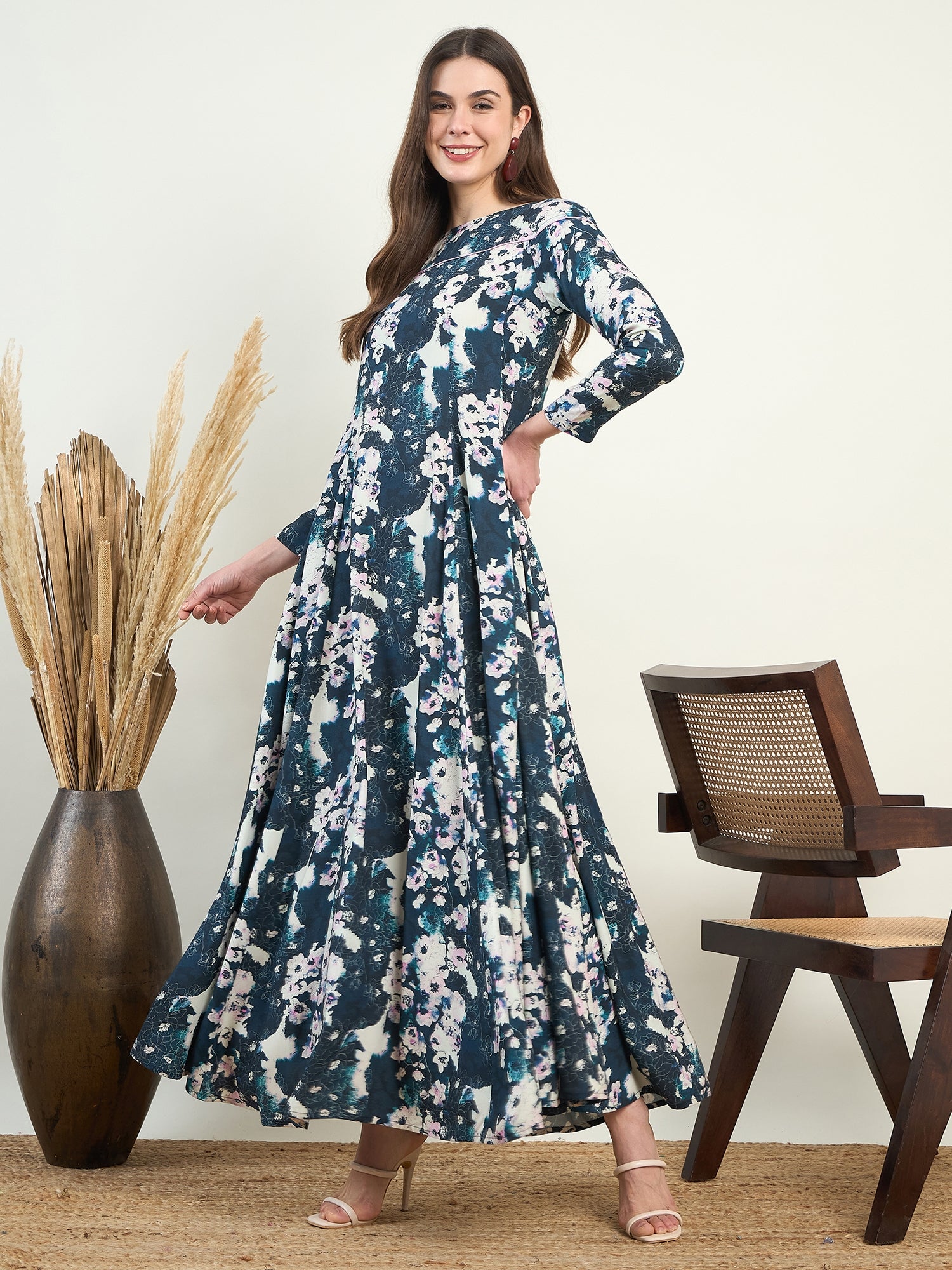 Women's Blue and White Full Sleeves Floral Printed Boat Neck Maxi Dress