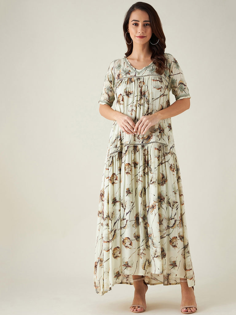 Beige and Green Floral Print Hand Embroidered Dress
