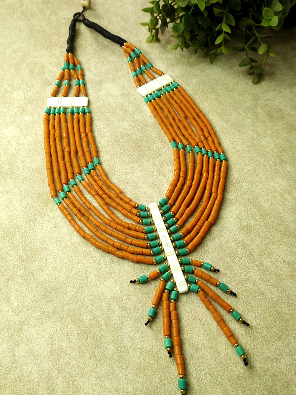 Burnt Orange And Blue Naga Beads Layered Necklace - The Kaftan Company
