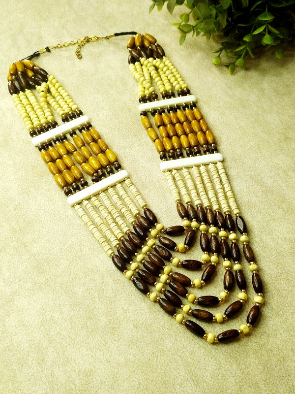 Unique Natural Wooden Beads Necklace With White Accents - The Kaftan Company
