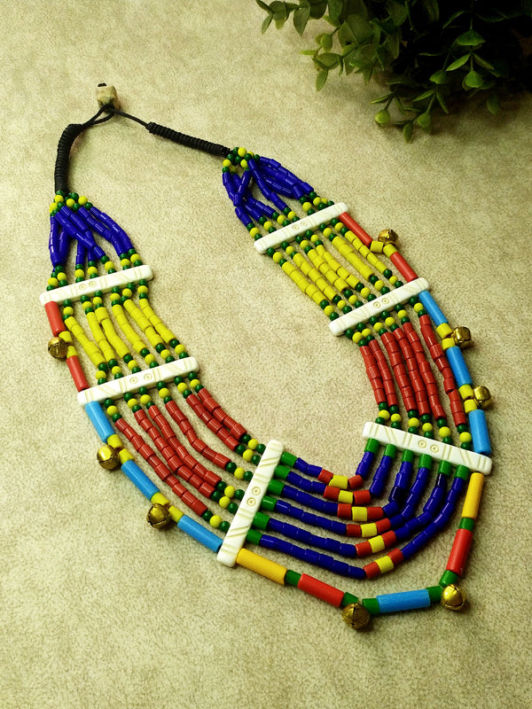 Multi-Stranded Vibrant Beads Necklace With Jingle Bells - The Kaftan Company
