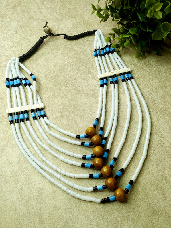 White Naga Wooden Beads Necklace With Blue Accents - The Kaftan Company
