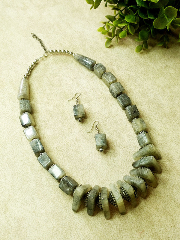 Elegant Geometric Grey Beads Necklace and Earrings Set - The Kaftan Company

