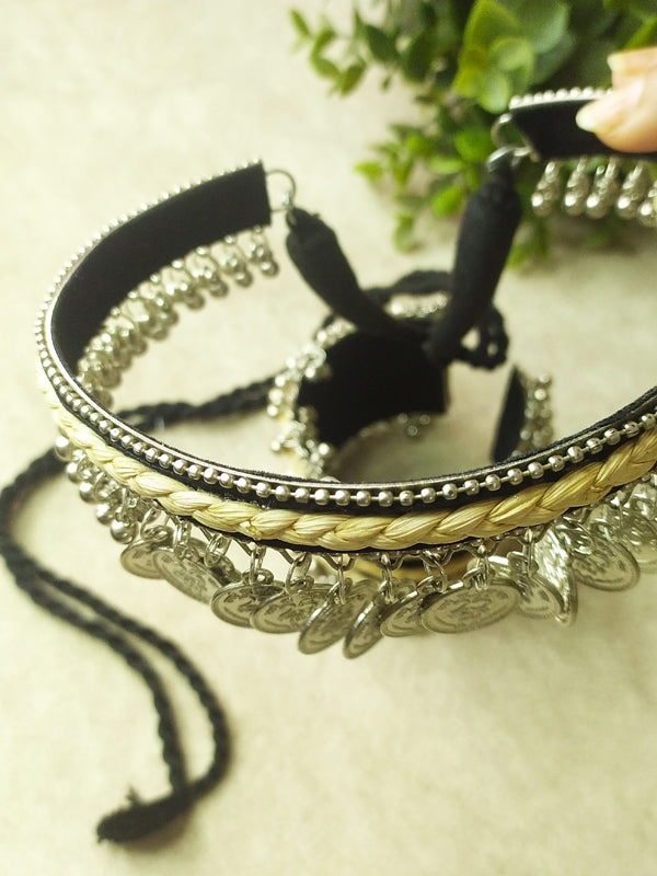 Handmade coin and jute choker and hand cuff set featuring rustic jute and intricate coin details, perfect for adding a bohemian touch.
