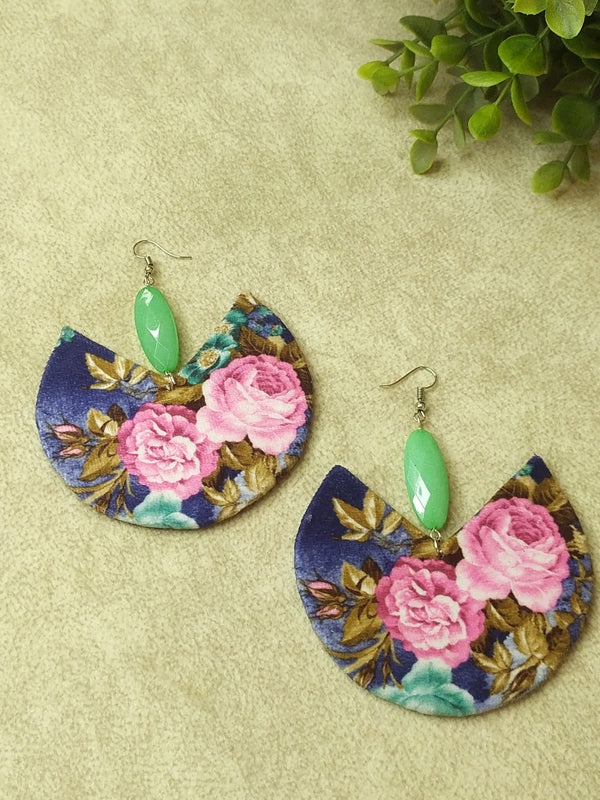 Floral Design Handmade Fabric Earrings With Green Beads €“ The Kaftan Company
