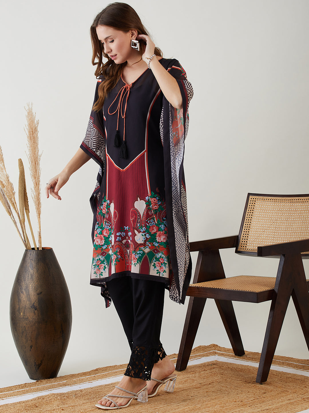 Chic black kaftan kurti made from translucent georgette fabric for women