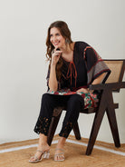 Women black kaftan kurti with a V-neck and three-quarter sleeves, perfect for any occasion