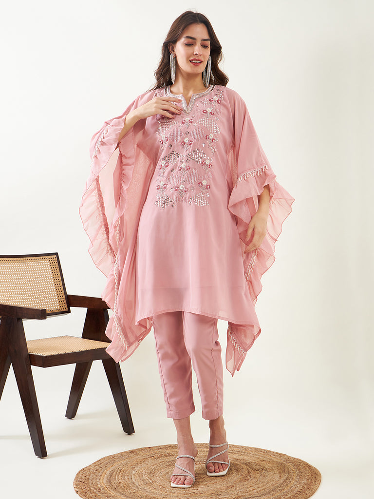 Pink Hand Embroidered Ruffled Kurta with Pants and Slip