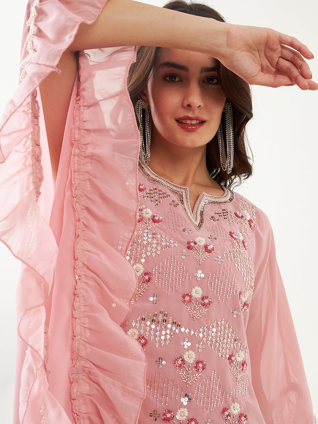 Women's Pink Ethnic Ruffle Kaftan Kurta