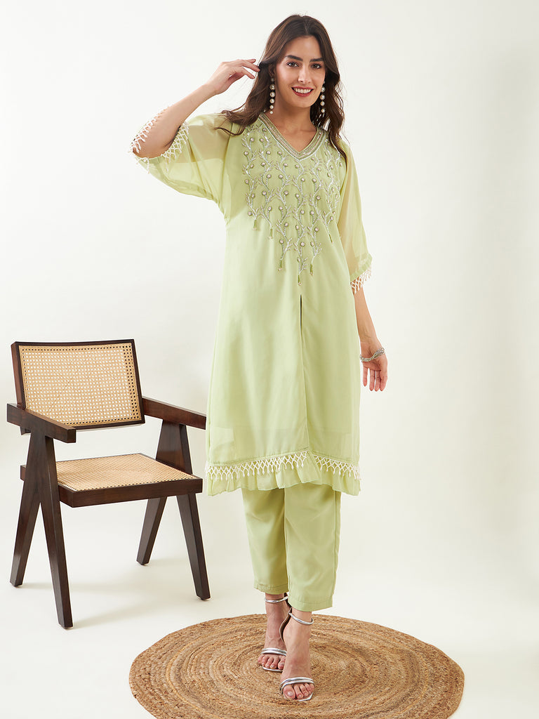 Light Green Hand Embroidred Party Kaftan with Slip and Pants