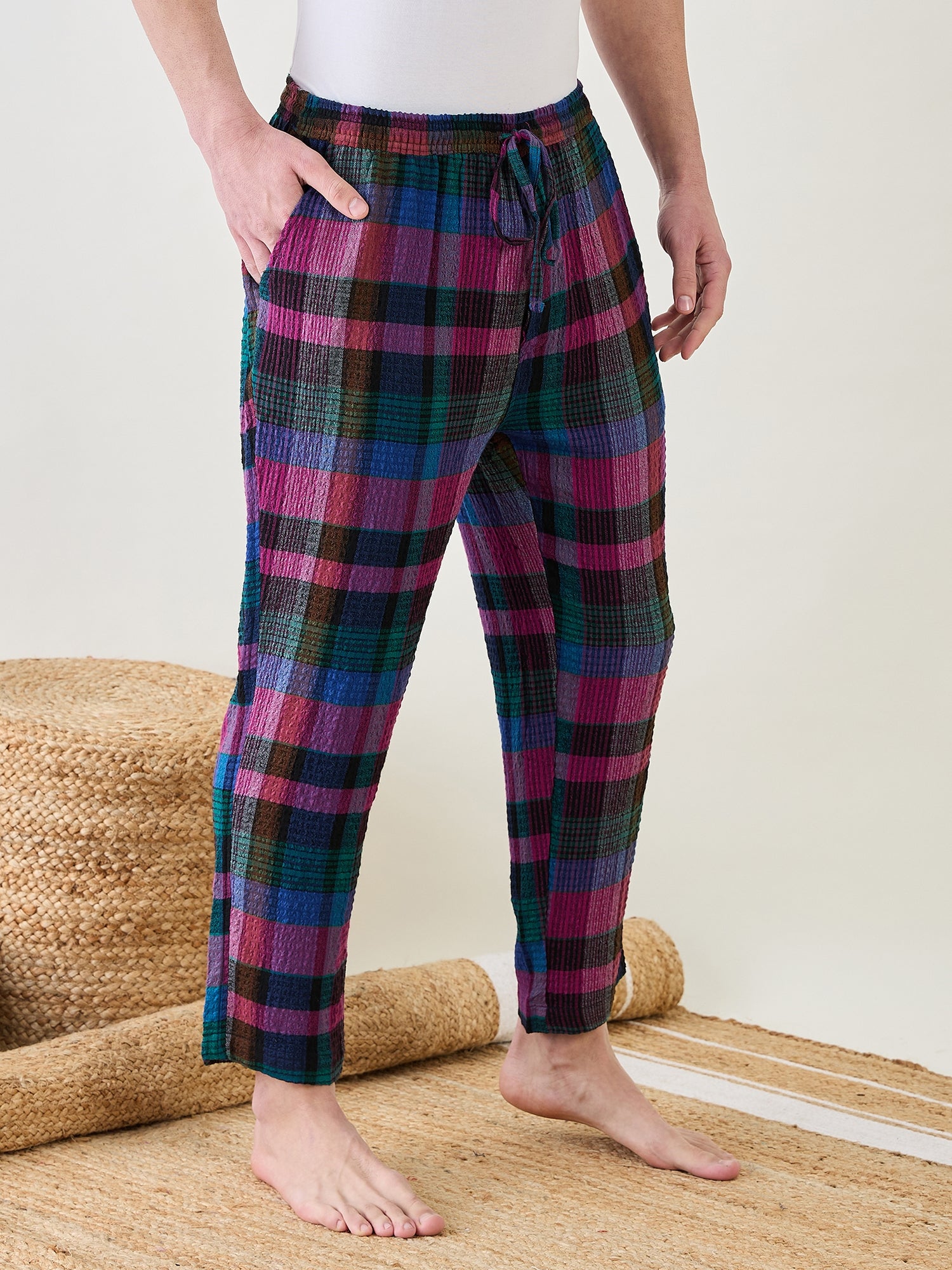 Trendy cotton lounge pants with vibrant checkered print â‚¬€œ Men's fashion staple!
