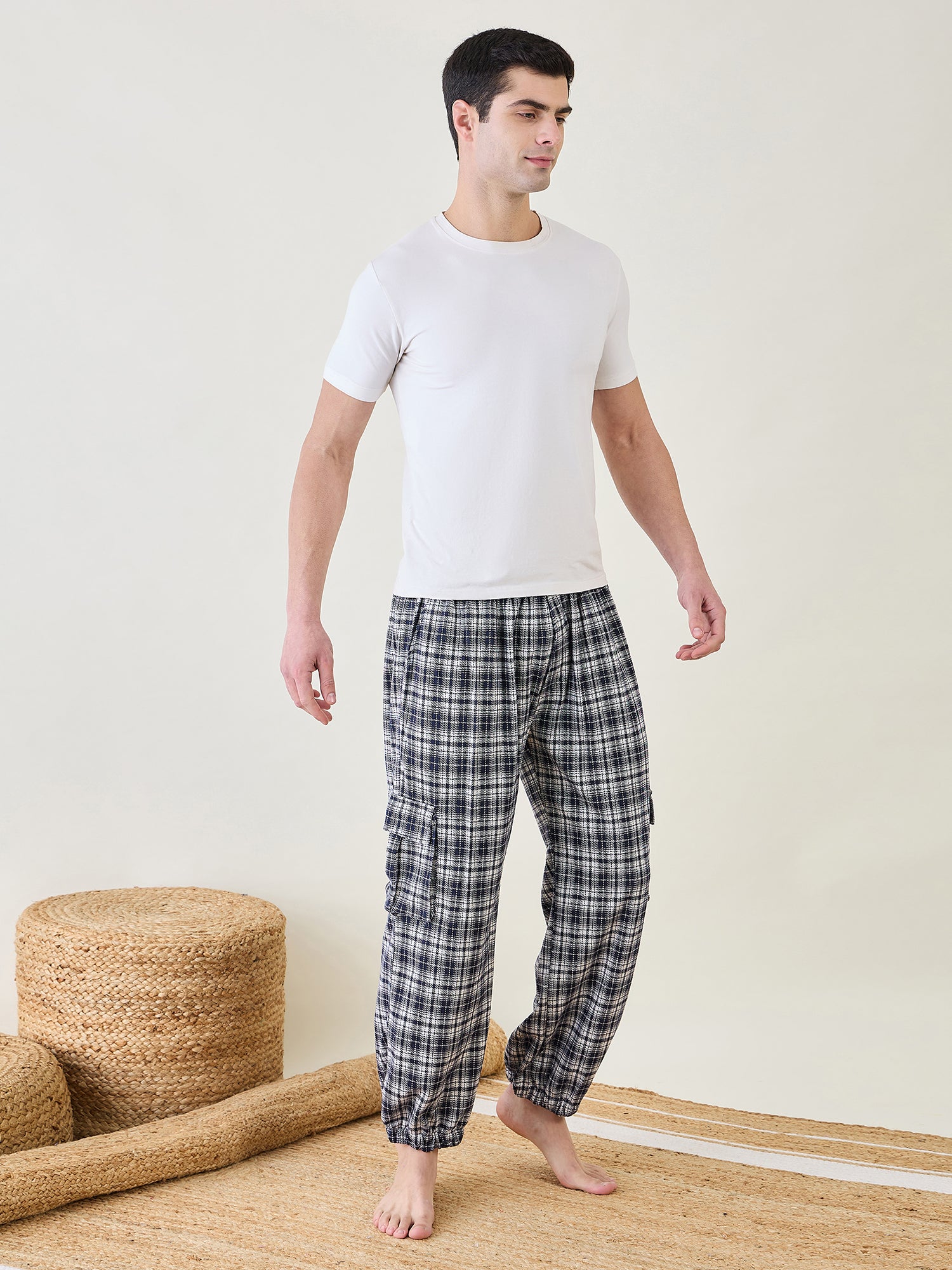 Black checked lounge pants for men