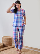 Blue and pink checkered cotton pyjama set, offering a comfortable and stylish sleepwear option
