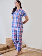 Soft blue and pink checkered cotton pyjama set with a comfortable fit, ideal for casual sleepwear.
