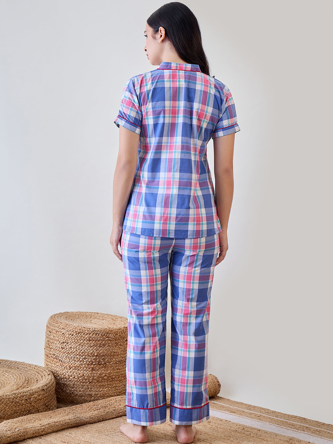 Comfortable blue and pink checkered cotton pyjama set, designed for a soft and breathable nightâ€™s sleep.
