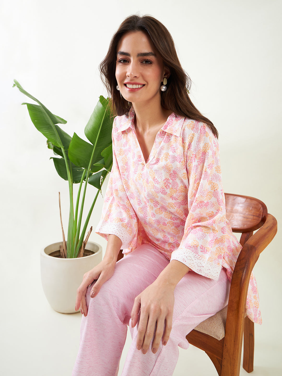 Women Pink Tranquil Printed Cotton Fancy V Neck Kaftan Co ord Set